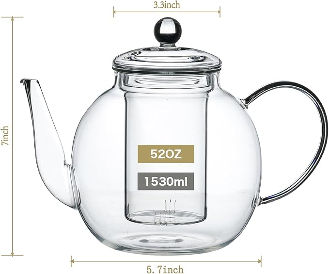 1530 ml/52 oz Large Glass Teapot with Removable Infuser, Clear Tea Kettle Stovetop Safe for Loose Leaf and Blooming Tea, Tea Lover's Choice - Bloomnest