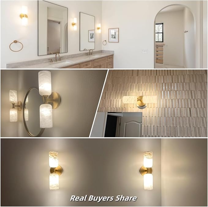Alabaster Wall Sconces Set of Two, 14in Modern Spanish Natural Marble Bathroom Vanity Sconces, Brass Alabaster Sconce Wall Lighting, Gold Wall Light Fixtures Decor for Bedroom Living Room Staircases - Bloomnest