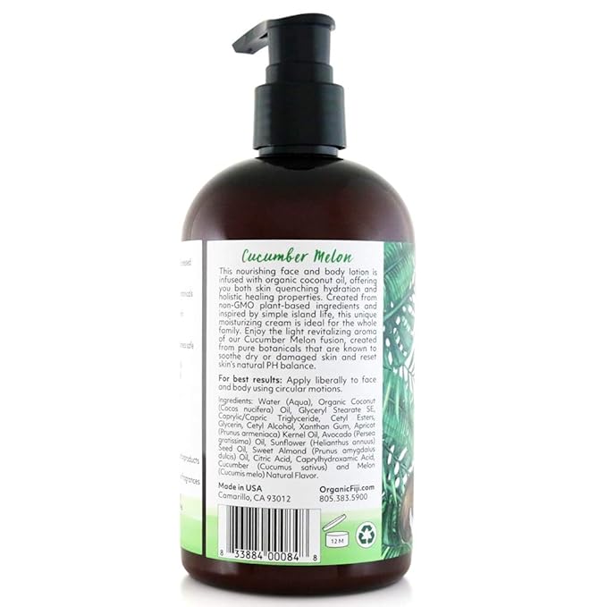 Coco Fiji Face & Body Lotion Infused With Coconut Oil | Lotion for Dry Skin | Moisturizer Face Cream & Massage Lotion for Women & Men | Cucumber Melon 12 oz, Pack of 3 - Bloomnest