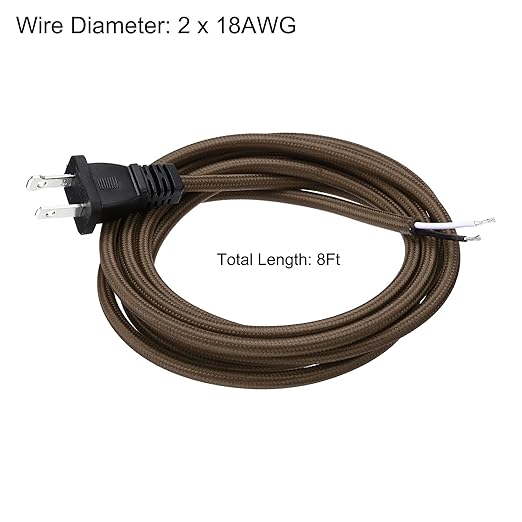 uxcell 8Ft 18/2 Cloth Covered Lamp Cord with Plug, Vintage Electrical Lamp Cord with Stripped Ends for Extension Wiring DIY Repairing, Brown