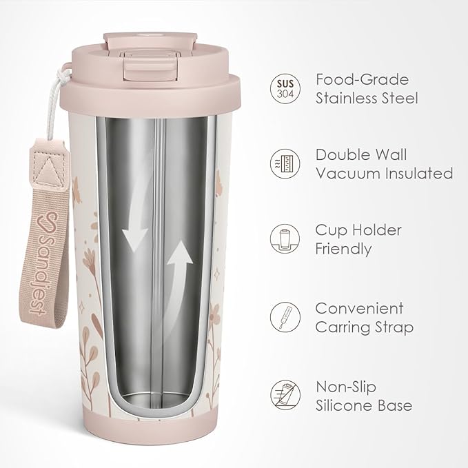 Floral Tumbler Stainless Steel 2-in-1 Lid Coffee Tumbler 18 oz, Insulated Travel Mug Gift for Women Teen Girls, Birthday Christmas - Bloomnest