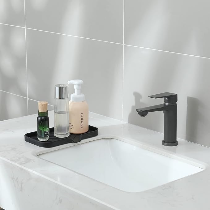 Silicone Bathroom Soap Dishes with Drain Spout-Bathroom and Kitchen Sink Organizer,Sponge Holder,Dish Soap Tray,Perfect for Dispenser,Scrubber,Bottle,Cup on Sink or Counter-Black 9.6"×5.3" - Bloomnest