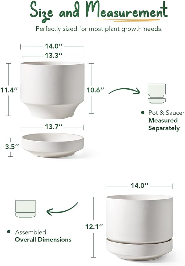 LE TAUCI Large 14 Inch Plant Pot with Saucer | Ceramic Outdoor & Indoor Big Planter Pot | Drainage Hole, Mesh Pad & Plug | Unglazed Porous | Modern Minimalist for Home and Patio – Chalk White - Bloomnest