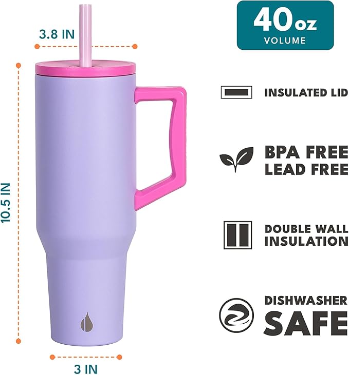 Elemental 40 oz Tumbler with Handle and Straw - Spill Proof Insulated Stainless Steel Commuter for Hot and Cold Beverages - Travel Coffee Mug with 2 Straws & Spill Proof Lid - 40oz - Lilac Tie Dye - Bloomnest