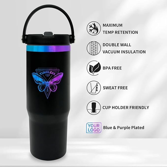 30 oz Tumbler with Handle, Double Wall Vacuum Insulated Tumblers with Flip Straw, Coffee Mug 30oz Powder Coated Cup for Hot and Cold Drinks(Blue Purple Plated, Black,8 pack) - Bloomnest