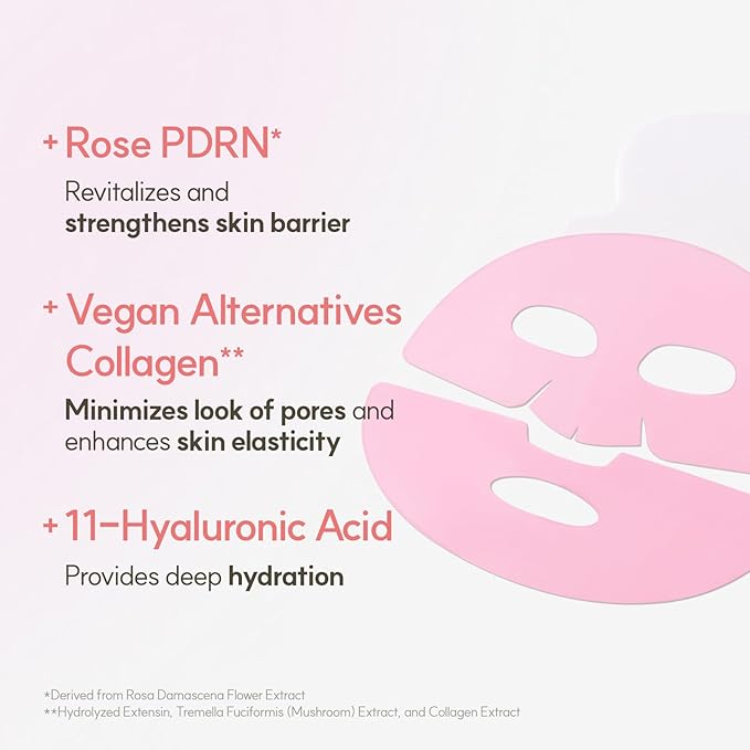 The Face Shop Rose PDRN Pink Collagen Face Mask, Korean Glass Skin Essential, Hyaluronic Acid for Moisturizing & Skin Elasticity, Firming, 4EA - Bloomnest