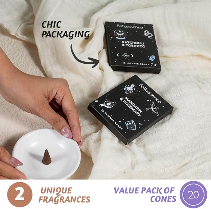 Folkulture Incense Cone Scented | Set of 2 Inscents-Cones (20 Cones) | Mandarin and Rosemary, Tobacco & Patchouli | Variety Pack Insence Cone for Relaxation and Meditation | Insenses for Home