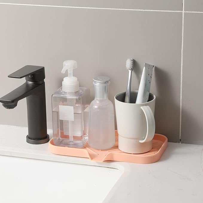 Silicone Bathroom Soap Dishes with Drain Spout-Bathroom and Kitchen Sink Organizer,Sponge Holder,Dish Soap Tray,Perfect for Dispenser,Scrubber,Bottle,Cup on Sink or Counter-Pink 9.6"×5.3" - Bloomnest