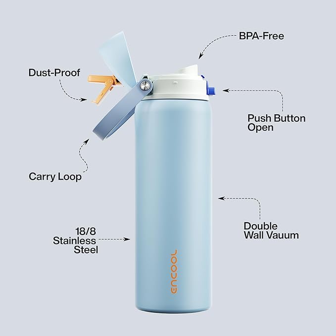 ENCOOL Insulated Water Bottle with Straw Stainless Steel Water Bottle with Push Button Lid, Leak-Proof & BPA-Free, Keeps Cold for 24 Hours for Sports, Travel, Gym (32 oz, Hazy Blue-Blue) ENCOOL
