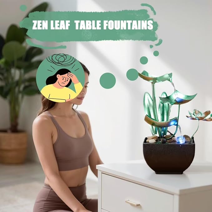 Tabletop Water Fountain: 3-Tier Tabletop Fountain Lotus Desk Relaxation Home Decor - Blooms and Leaves Flowing Water for Relaxing Décor Green - Bloomnest