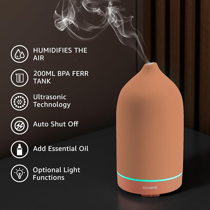 200ML Ceramic Essential Oil Diffuser - Ultrasonic Aromatherapy & Humidifier with 7-Color LED Lights, Auto Shut-Off, Brown, 1H/3H/6H Timer | Scent for Home,Office,Yoga - Bloomnest