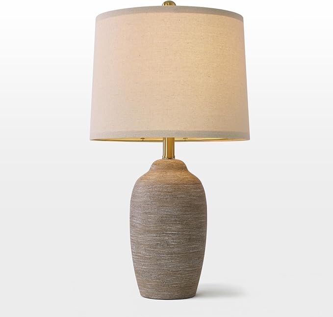 24.5" Handcrafted Ceramic Table Lamp - Single Farmhouse Vintage Rustic Bedside Lighting for Living Room, Bedroom, Entryway | Nightstand & End Table Decor with Linen Shade (Bulb Not Included) - Bloomnest