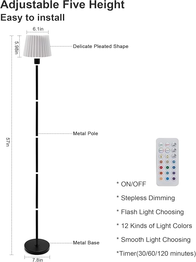 UMEXUS Cordless Rechargeable Floor Lamp for Bedroom, 57" Battery Operated Dimmable Floor Lamp, Small Corner Standing Light with Remote & Timer Portable Bedside Outdoor Patio Kids Room Ambient Lighting - Bloomnest