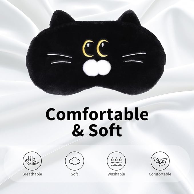 Cute Sleep Eye Masks for Kids, Kawaii Cartoon Kids Sleeping Mask for Women Boys Girls Teens, Soft Plush Adjustable Eyeshade Silk Travel Nap Eye Cover, Black Cat - Bloomnest