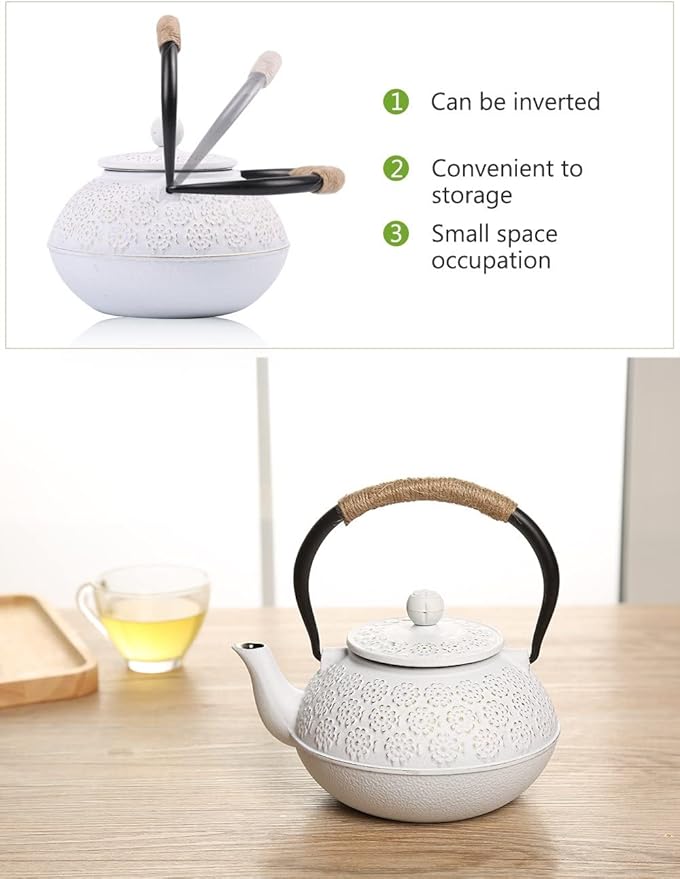 Sotya Cast Iron Teapot, 40oz/1200ml Japanese Tetsubin Tea Pot with Infuser for Loose Leaf and Tea Bags, Tea Kettle Coated with Enameled Interior for Stove Top, White - Bloomnest