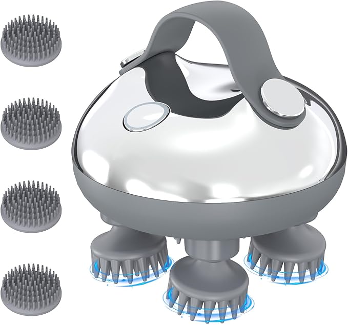 KeeKit Electric Scalp Massager, Portable Head Massager with 8 Removable Heads, 3 Kneading Modes, Handheld Head Scratcher for Relaxation, Hair Growth & Neck/Back Pain Relief, Deep Clean KeeKit
