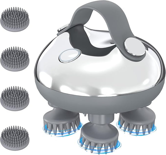 KeeKit Electric Scalp Massager, Portable Head Massager with 8 Removable Heads, 3 Kneading Modes, Handheld Head Scratcher for Relaxation, Hair Growth & Neck/Back Pain Relief, Deep Clean KeeKit
