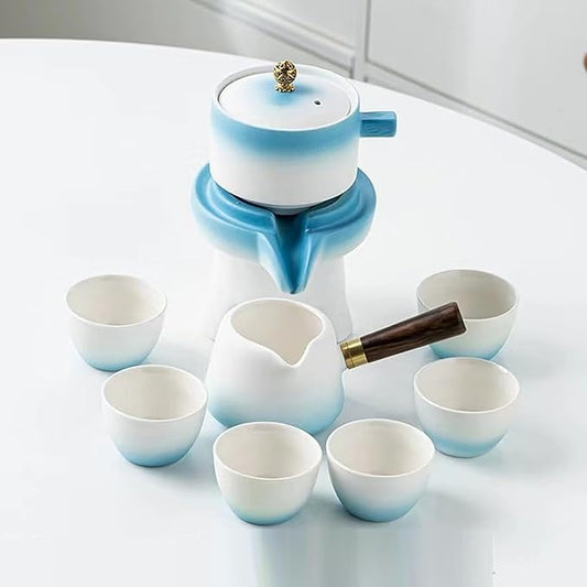 Chinese Kung Fu Tea Set, Automatic Stone Grinding Pot, Gift Box Suitable for Tea Ceremony Parties, Gifts, Home, Office Decoration in Mother's Day(Gradient Blue)