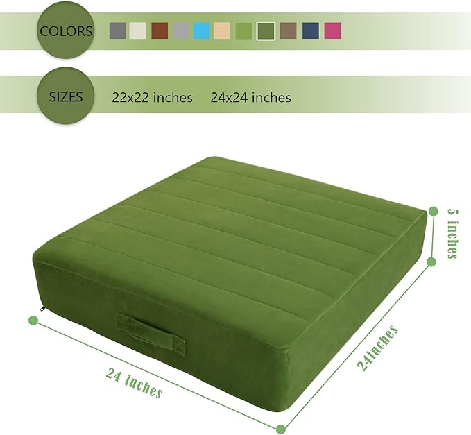 MeMoreCool Square Floor Pillow Seating for Adults Kids, Large Meditation Cushion Floor Pillow with Thick Foam & Soft Tufted Cover, Washable Big Pillow Seat Floor Cushion for Sitting Yoga 24" Green