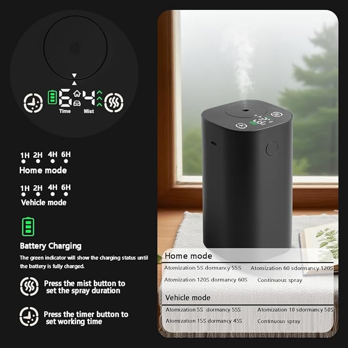 Waterless Diffuser for Essential Oil Rechargeable Scent Diffuser Machine, 0.7 Fl.Oz. 20mL Capacity, 4 Countdown Timers & 4 Mist Levels for Home, Room, Car, Office, Christmas Decorations Indoor, Black - Bloomnest