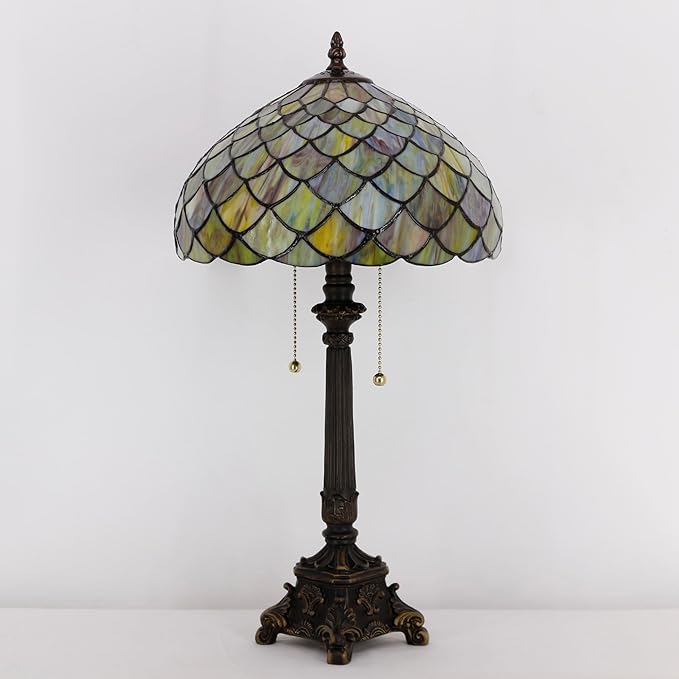 Tiffany Lamp Fish Scales Style Stained Glass Table Lamp Desk Reading Light 12X12X21 Inches with Resin Base Decor Bedroom Living Room - Bloomnest