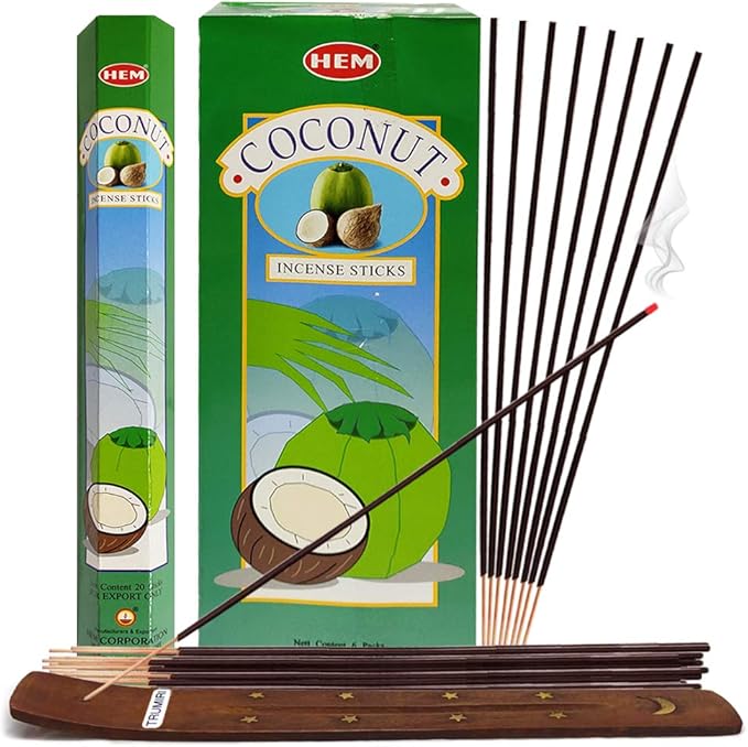 TRUMIRI Coconut Incense Stick Bundle: 121 Pieces (6 Packets of 20), Includes Incense Holder TRUMIRI