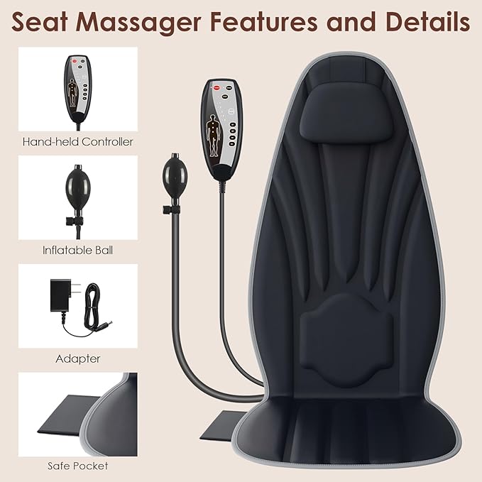 SLOTHMORE Back Massager with Heat, Seat Massager for Full Back with 8 Vibrating Motors and 2 Heat Levels, Chair Massager for Office/Home - Bloomnest