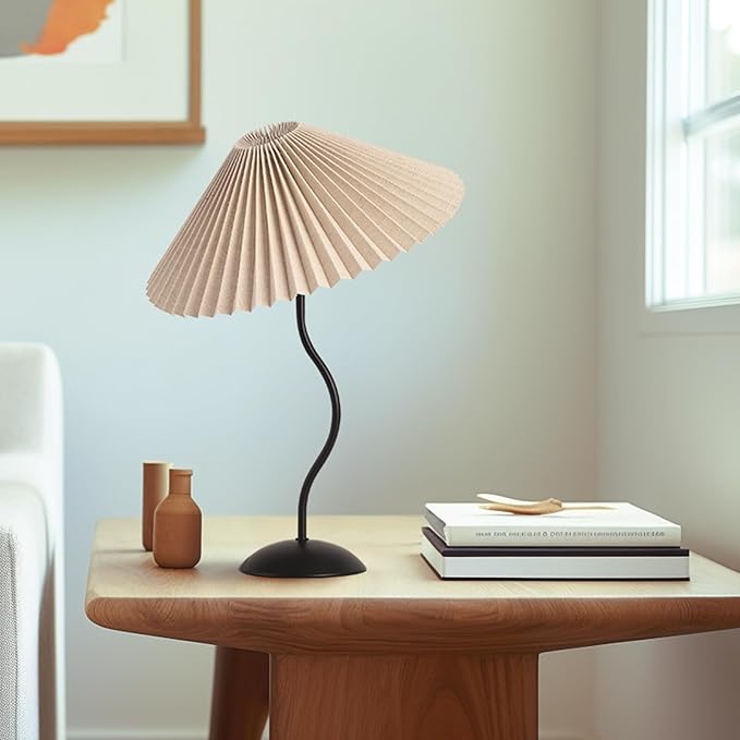 KUNJOULAM Small Pleated Table Lamp, Bedside Nightstand Lamp with Beige Lampshade Black Base, Morden Mini Lamp for Bedroom Home Office Decor, E12 Bulb Included - Bloomnest