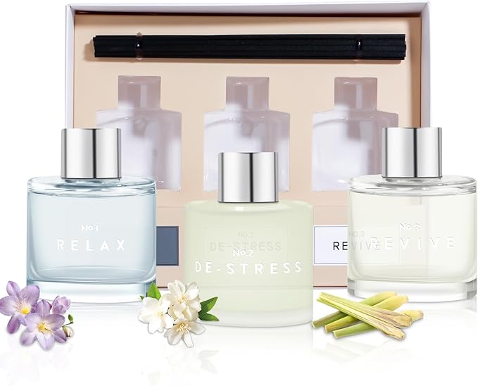3 Pack Fragrance Reed Diffuser, 50ML Freesia Jasmine Lemongrass Aromatherapy Diffuser Set with 12 Black Fiber Sticks,Air Freshener for Bedroom Bathroom Office - Bloomnest