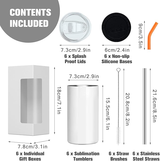 BetterSub 6 Pcs 15 oz Double Wall Insulated Stainless Steel Sublimation Blanks Tumblers White with Lid, Metal Straw, Brush, Display Box for Home, Travel - Bloomnest