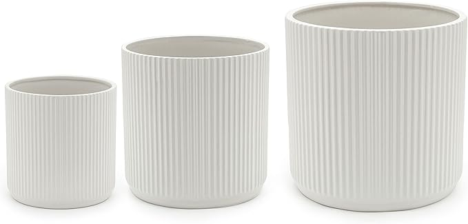 Amazon Basics Assorted Sizes Fluted Ceramic Round Indoor Outdoor Planters with Drainage, Set of 3, Modern Design, 6 inch, 8 inch, 10 inch, White - Bloomnest