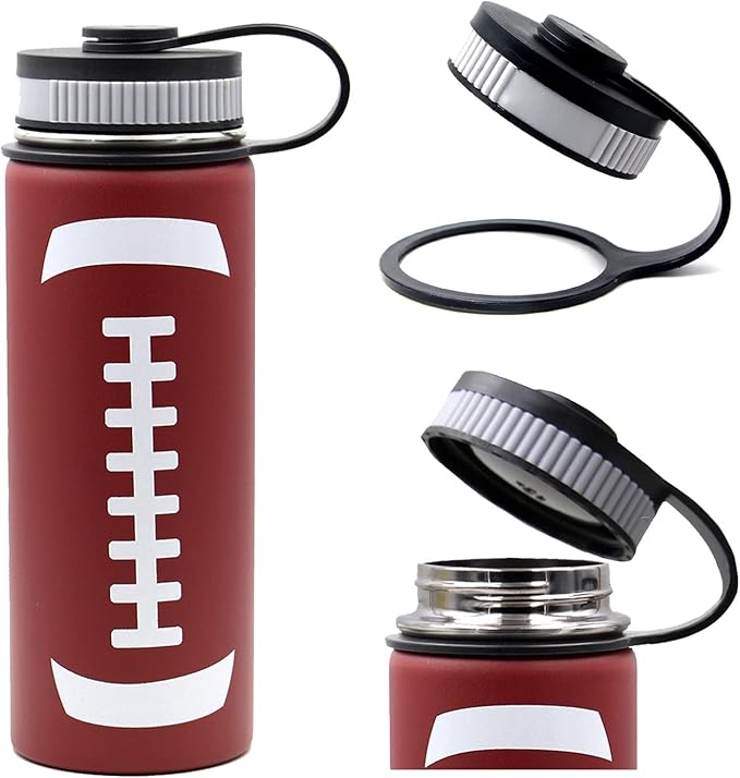 18 oz Football Water Bottle with Straw, Sports Flask Metal Travel Tumbler with 2 Lids, Stainless Steel Double Wall Vacuum Insulated Leak Proof Thermo Water Bottles, Football Gear Gifts for Boys Girls - Bloomnest