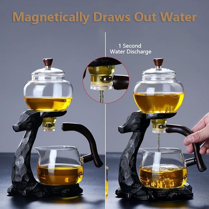 Lazy Kungfu Drip TeaPot, Heat Resistant Tea Set, Semi-Automatic Glass Teapot Suit for Magnetic Water Flow Wooden Glass Teapot Set