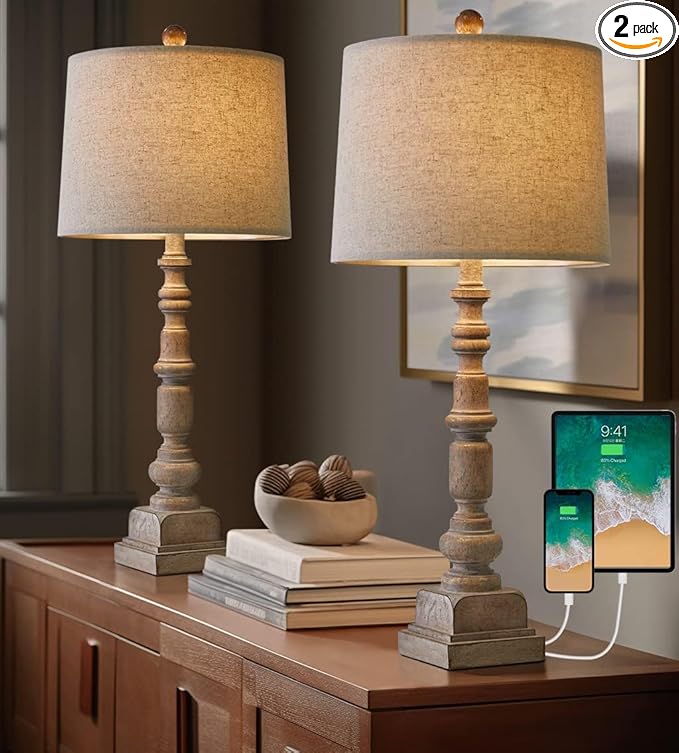 Oneach 27.75" Vintage Farmhouse USB Table Lamps Set of 2 for Living Room Bedroom Traditional Bedside Nightstand Lamp with Dual USB Port Resin Table Lamp with Rotary Switch for Living Room Bedroom - Bloomnest