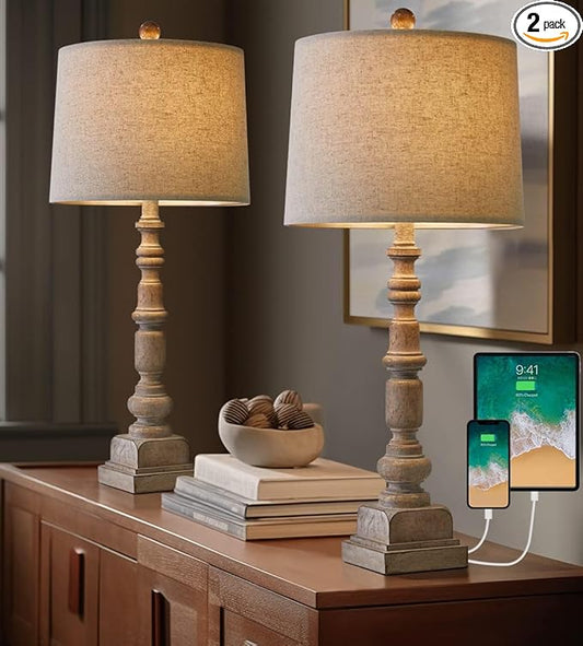 Oneach 27.75" Vintage Farmhouse USB Table Lamps Set of 2 for Living Room Bedroom Traditional Bedside Nightstand Lamp with Dual USB Port Resin Table Lamp with Rotary Switch for Living Room Bedroom - Bloomnest