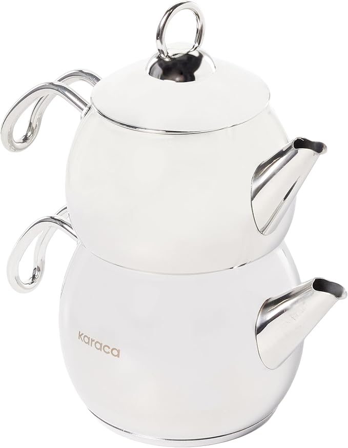 Karaca Adelya Stainless Steel Induction Teapot Set with 0.65L Teapot & 1.1L Tea Kettle, Traditional Turkish Tea Set Brewing System, Dishwasher Safe, Silver - Bloomnest