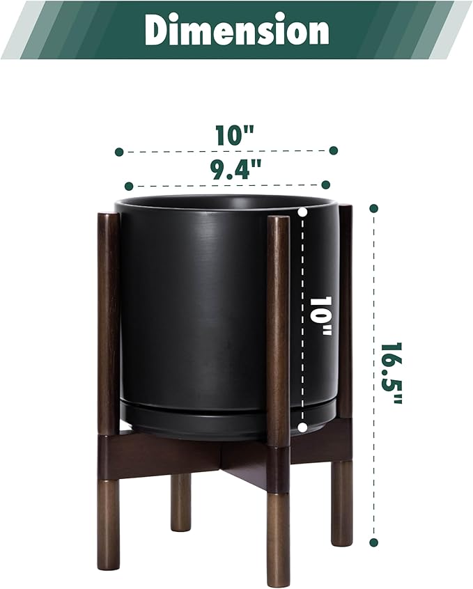 D'vine Dev Ceramic Planter with Walnut Color Stand - 10 Inch Modern Round Flower Pot with Wood Planter Holder, Black, 55-B-X-2 - Bloomnest