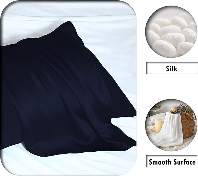 Silk Pillow Cases 2 Pack Soft Breathable and Sliky King Size Pillow Cases Set of 2,Natural Mulberry Silk Pillowcase Set of 2 for Hair and Skin with Hidden Zipper (Navy Blue,20"X 36",2pcs) - Bloomnest