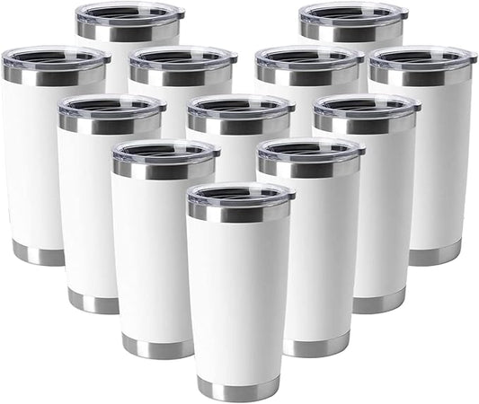HASLE OUTFITTERS 20oz Tumblers Stainless Steel Mugs with Lid Double Wall Vacuum Insulated Coffee Cups for Cold & Hot Drinks (20oz-White, 12 Pack)