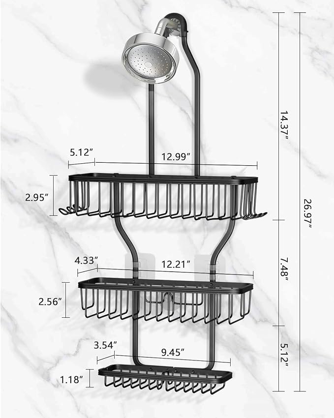 Shower Caddy Hanging - Never Rust Shower Hanging Organizer - Aluminum Over the ShowerHead Caddy with Soap Basket and 6 Hooks for Razor/Sponge (Black) - Bloomnest