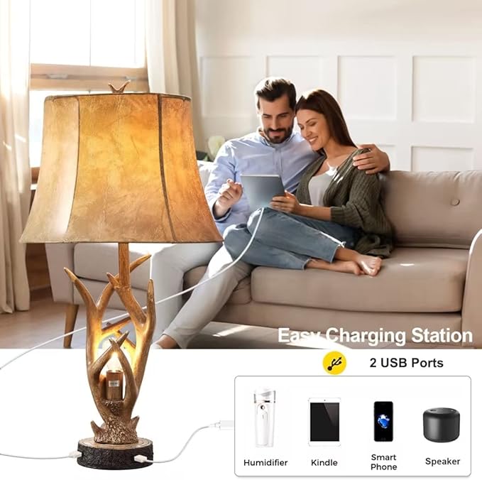 Dungoo Rustic Western Deer Table Lamps with Nightlight Set of 2, 26" Rustic Bedside Lamps for Bedroom with 2 USB Ports, Natural Antler Table Lamp for Christmas Living Room Foyer Office - Bloomnest
