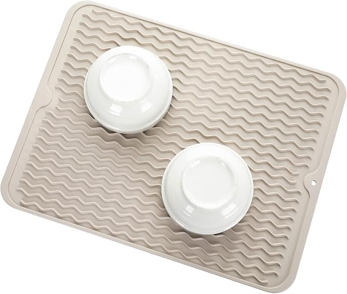 Silicone Dish Drying Mat for Multiple Usage,Easy clean,Eco-friendly,Heat-resistant Silicone Mat for Kitchen Counter or Sink,Refrigerator or drawer liner Tapioca L 16 inches x 12 inches - Bloomnest
