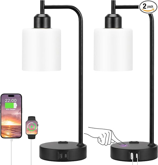 Industrial Touch Bedside Lamps for Bedrooms Set of 2 - 3-Way Dimmable Nightstand Lamps with USB C+A Ports and Outlet, Table Lamps with Opal Glass Shade for Living Room, Desk Lamps for Home Office - Bloomnest