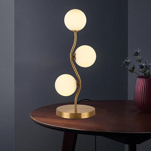 Mid Century Gold Globe Table Lamp 3-Light Flower Curve Beside Desk Table Light with Milk White Glass Shade Metal Base Nightstand Lamp for Bedroom Bedside - Bloomnest