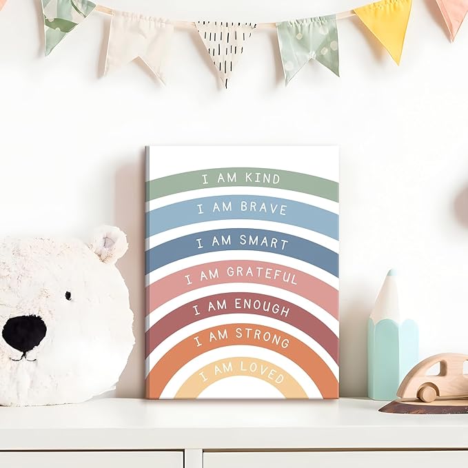 Framed Inspirational Canvas Art Wall Decor, Positive Quotations Picture Prints, Modern Boho Daily Affirmations Wall Art, Cute Rainbow Room Decor for Nursery Classroom Bedroom – 12x16in - Bloomnest