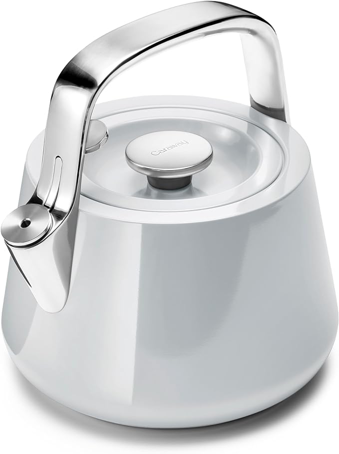 Caraway 2 Quart Whistling Tea Kettle - Durable Stainless Steel Tea Pot - Fast Boiling, Stovetop Agnostic - Non-Toxic, PTFE & PFOA Free - Includes Pot Holder - Gray - Bloomnest