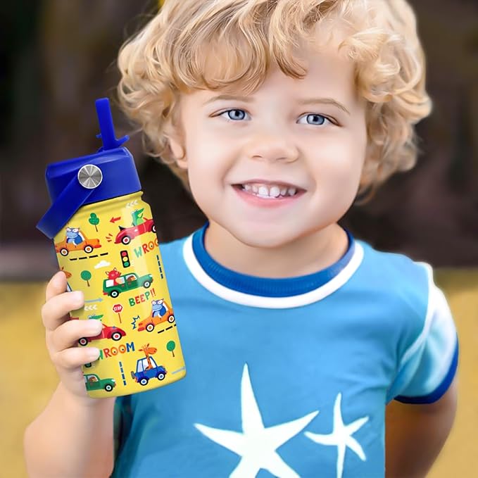 Kids Water Bottle with Straw Lid - 12 Oz Insulated Stainless Steel Vehicle Cars Water Bottles for Kid Boys - Travel Cup for School Sports - Bloomnest