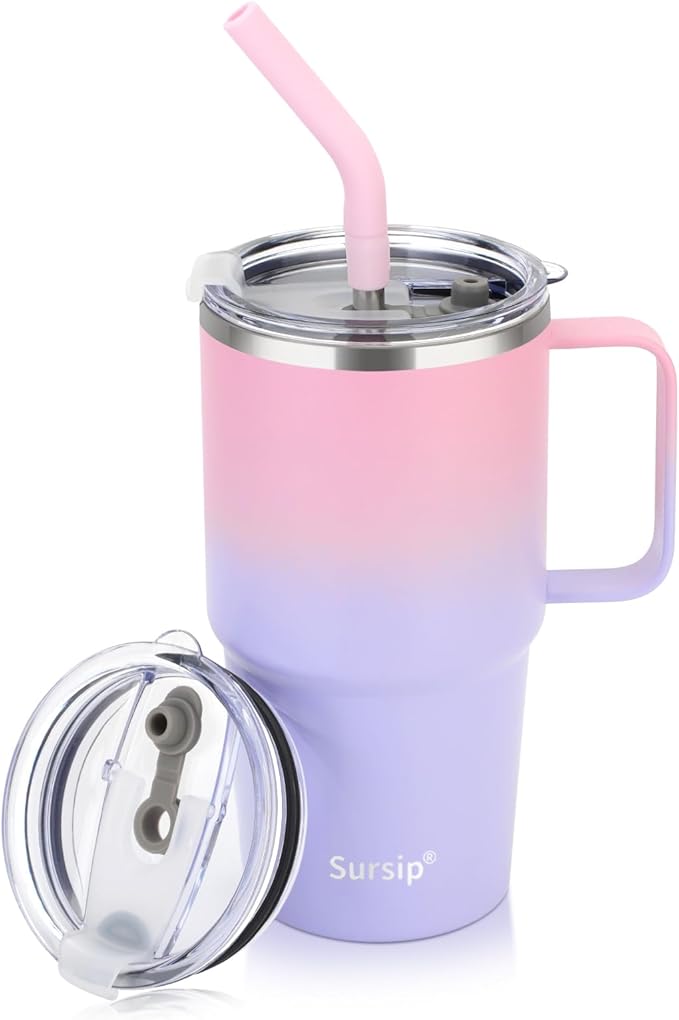 Sursip 24 oz Insulated Cup with Handle, Double Wall Vacuum Stainless Steel Tumbler with Straw and 2 Lids, For Cold/Hot Drinks, Coffee Travel Mug for Car/Home/Office/Party/Camping (Pink＆Purple-1 Pack) - Bloomnest