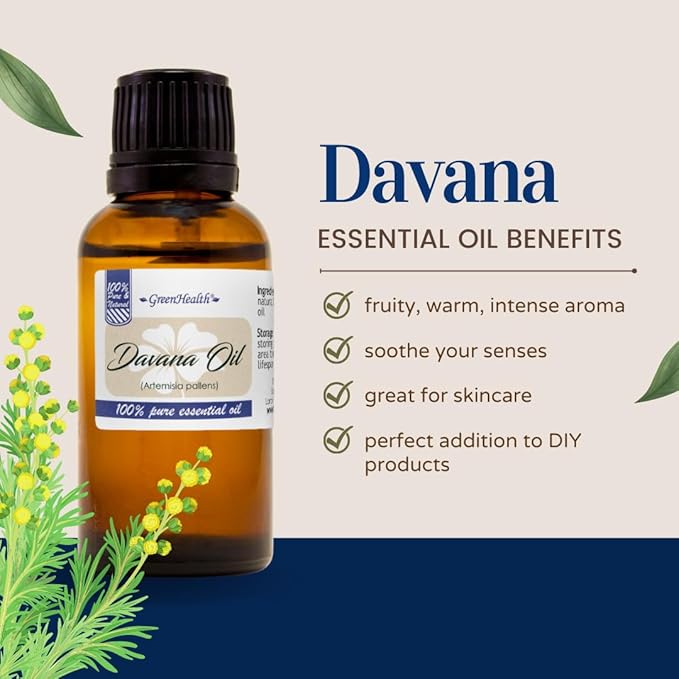 Davana Essential Oil – 5 ml – 100% Pure & Natural – Therapeutic Grade – Amber Glass Bottle with Euro Dropper – GreenHealth Greenals