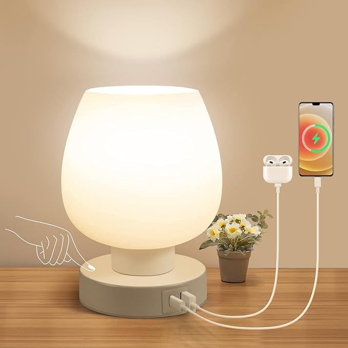 Touch Bedside Table Lamp - Small Lamp for Bedroom with USB C+A Charging Ports 3 Way Dimmable, Nightstand Desk lamp with White Opal Glass Lamp Shade Warm LED Bulb Included, Simple Design Gifts - Bloomnest